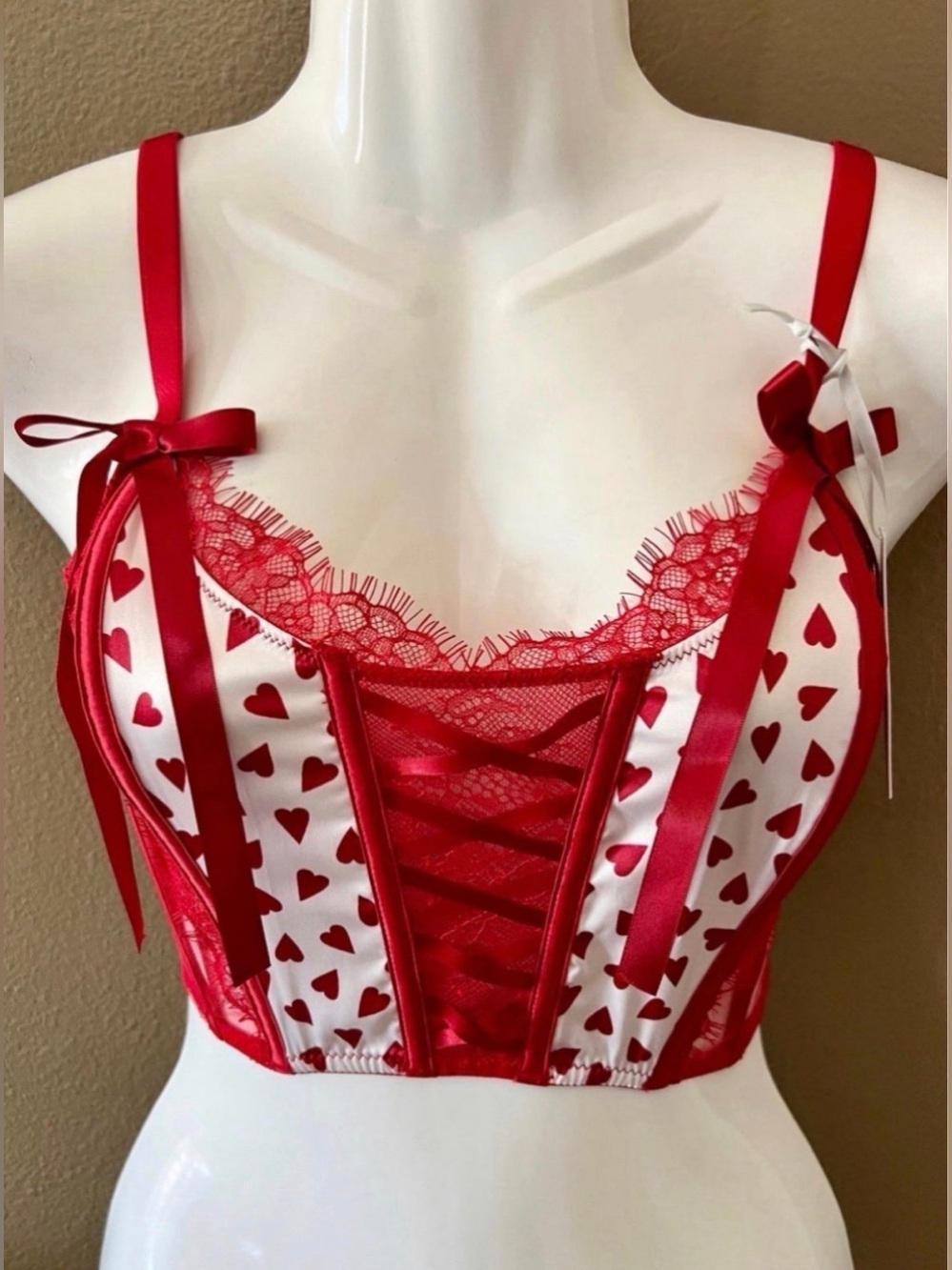 Red Heart Lace Bustier Crop Top - Women Intimates